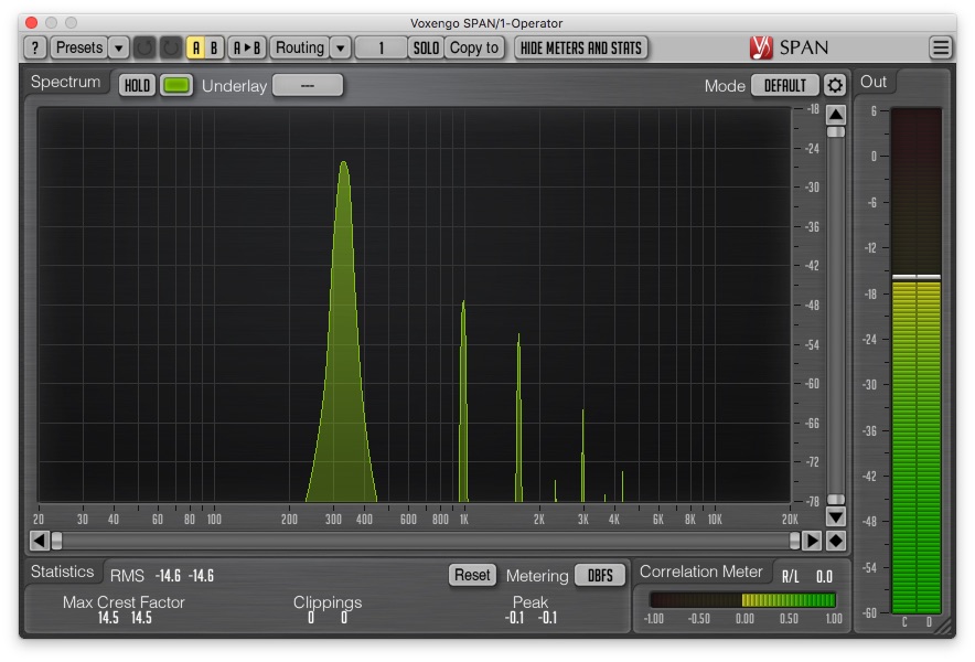 Example of a frequency spectrum of a sine wave with soft clipping